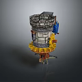 Medieval Stone Castle Tower Structure With Yellow Platform Blue Flag And Wooden Supports