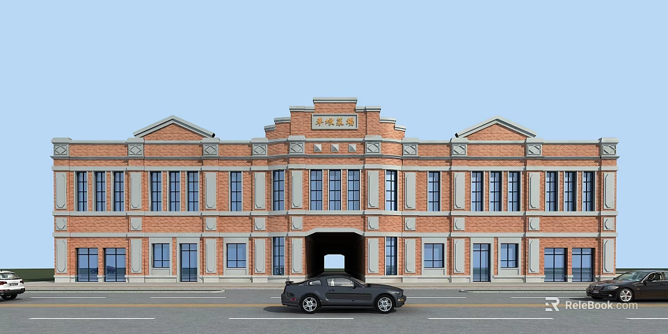 Red Brick Supermarket Department Store Exterior With Arched Entrance And Street View 3d model 