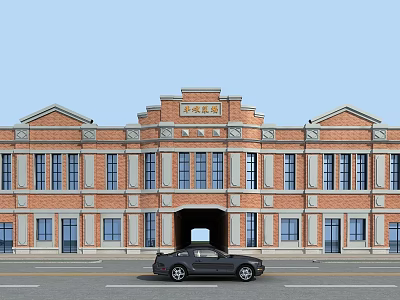 Red Brick Supermarket Department Store Exterior With Arched Entrance And Street View 3d model