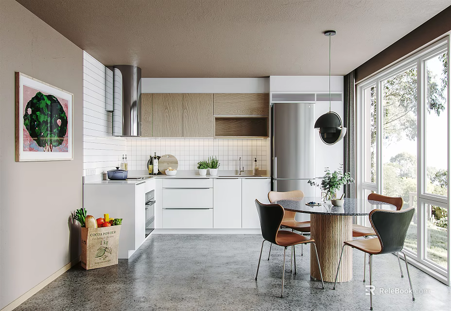 Modern Kitchen With Cabinets Dining Table Chairs Artwork Windows And Concrete Floor 3d model 