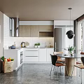 Modern Kitchen With Cabinets Dining Table Chairs Artwork Windows And Concrete Floor