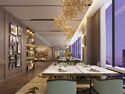 Modern Restaurant Interior With Dining Tables Chairs Tableware And City Night View Through Large Windows 3d model