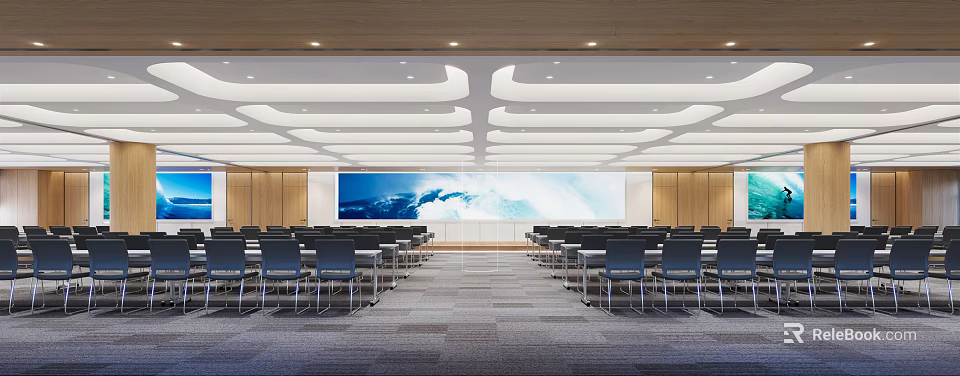 Modern Conference Room Interior With Large Screen Wooden Walls And Arranged Chairs 3d model 