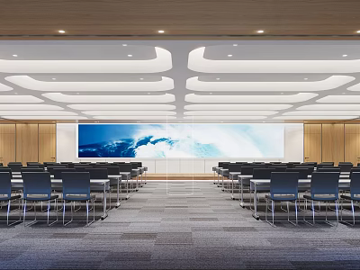 Modern Conference Room Interior With Large Screen Wooden Walls And Arranged Chairs 3d model