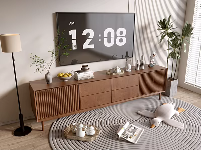 Modern Wooden TV Stand with Decorations Potted Plant Floor Lamp Toy and Magazine on Rug 3d model