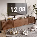 Modern Wooden TV Stand with Decorations Potted Plant Floor Lamp Toy and Magazine on Rug
