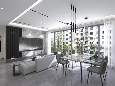 Modern Bright Open Living And Dining Room With Marble Finishes Comfortable Sofa And Elegant Dining Sets 3d model