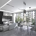 Modern Bright Open Living And Dining Room With Marble Finishes Comfortable Sofa And Elegant Dining Sets