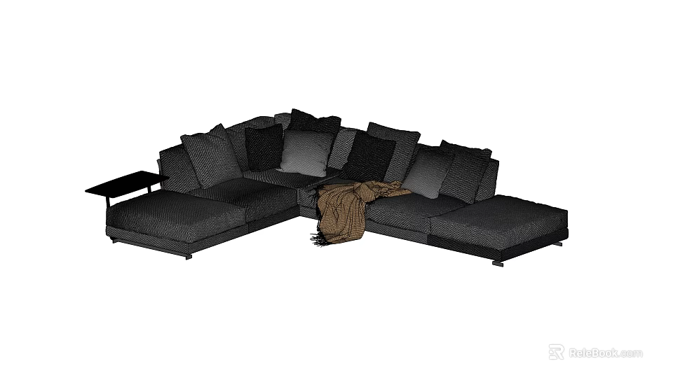 L Shaped Sectional Sofa With Plush Cushions Cozy Blanket And Side Table 3d model