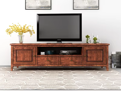 Traditional Wooden TV Stand With TV Vase Yellow Flowers Small Plants And Wall Art 3d model