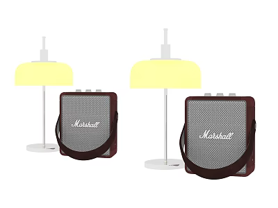 Marshall Portable Speakers With Brown Body And Black Strap Near White Lamps With Yellow Shades 3d model