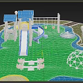 Outdoor Playground Equipment With Colorful Slides Swings Climbing Structures Green Blue Flooring And Lamp Posts