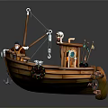 Cartoon Style 3D Wooden Boat Model With Mast Small Cabin Anchor And Chain