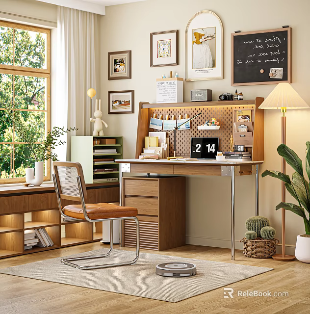 Bright Study Room Interior With Wooden Desk Chair Large Window And Green Plants 3d model 