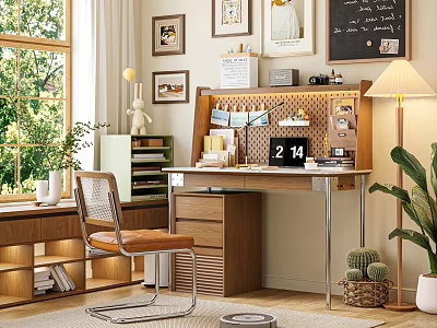 Bright Study Room Interior With Wooden Desk Chair Large Window And Green Plants 3d model