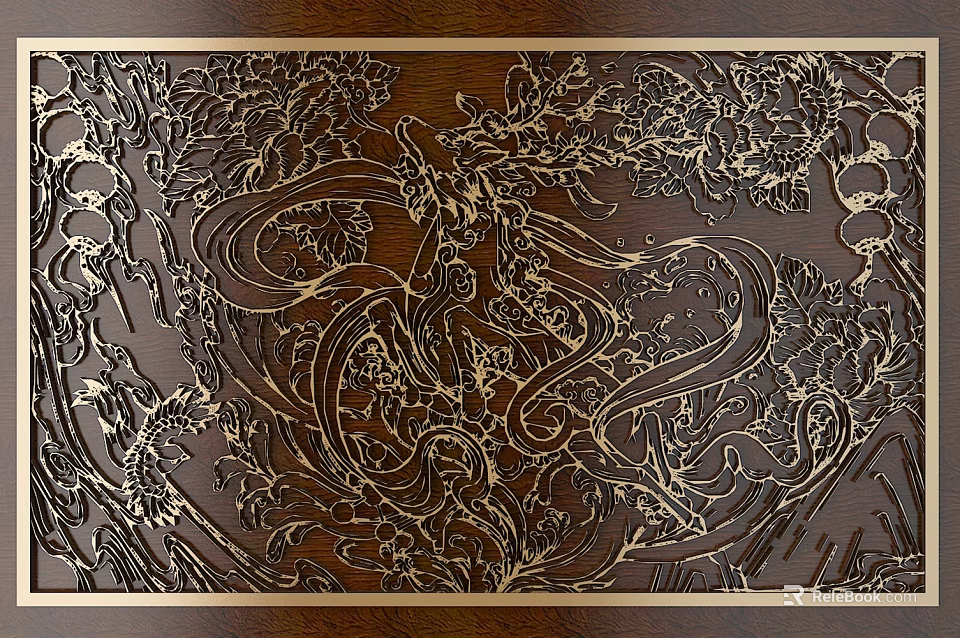 Intricate Floral Carvings On Dark Wooden Surface With Detailed Vine Patterns 3d model 