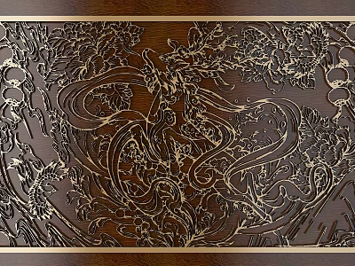 Intricate Floral Carvings On Dark Wooden Surface With Detailed Vine Patterns 3d model