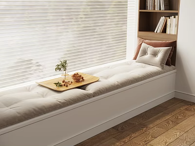Cozy Cushioned Window Seat with Wooden Tray Small Plant Soft Pillows Bookshelf and Blinds 3d model