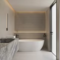 Modern Bathroom Featuring Freestanding Bathtub Marble Counter Striped Wall Tiles And Ambient Lighting