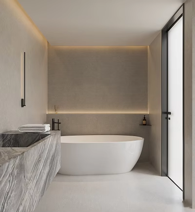 Modern Bathroom Featuring Freestanding Bathtub Marble Counter Striped Wall Tiles And Ambient Lighting 3d model