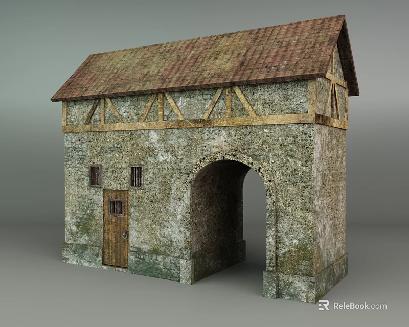 Traditional Stone Entrance Gate With Arched Design Tiled Roof And Wooden Beams 3d model 