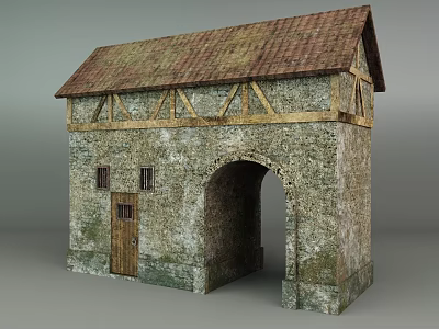 Traditional Stone Entrance Gate With Arched Design Tiled Roof And Wooden Beams 3d model