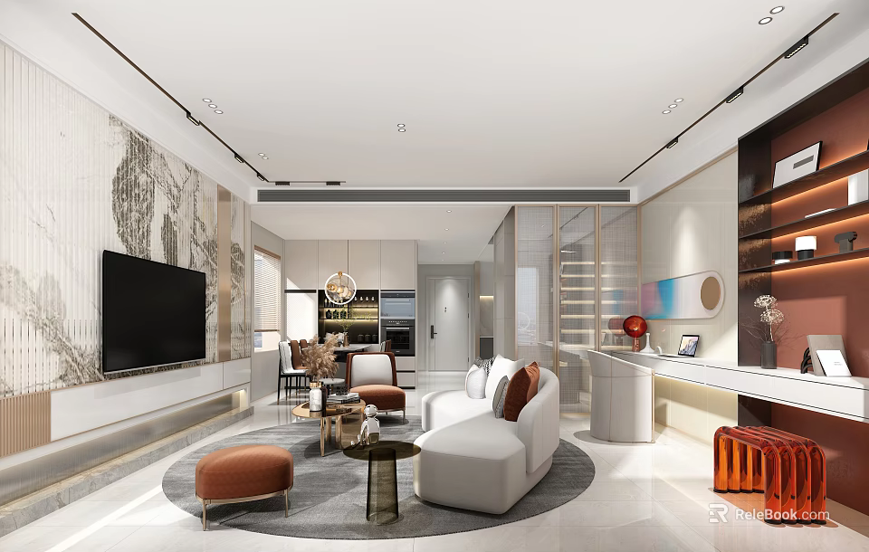 Stylish Modern Apartment Living Area With Comfortable Sofa Coffee Table And Pendant Lamp 3d model 