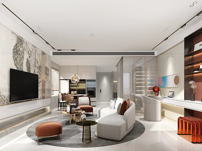 Stylish Modern Apartment Living Area With Comfortable Sofa Coffee Table And Pendant Lamp 3d model
