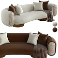 Curved Sectional Sofa Beige And Brown Upholstered With Throw Pillows And Blanket On Brass Legs