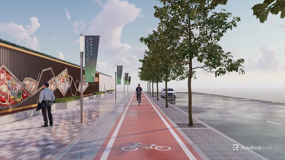 Arbor Trees Lining Scenic Urban Path With Bicycle Lane Pedestrians And Buildings 3d model 