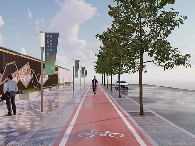 Arbor Trees Lining Scenic Urban Path With Bicycle Lane Pedestrians And Buildings 3d model