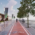 Arbor Trees Lining Scenic Urban Path With Bicycle Lane Pedestrians And Buildings