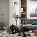 Modern Sofa and Coffee Table Set with Blue Pillows Marble Top Decorative Wall Art