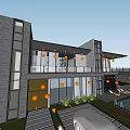 Modern Detached Villa Exterior Featuring Large Glass Windows Swimming Pool Terrace White Car And Greenery