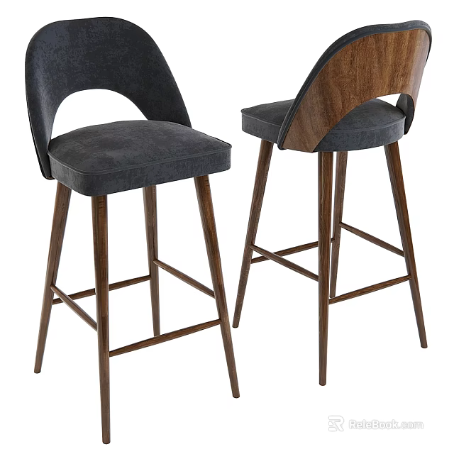 Modern Bar Stools With Curved Backrest Gray Upholstery And Wooden Legs 3d model 