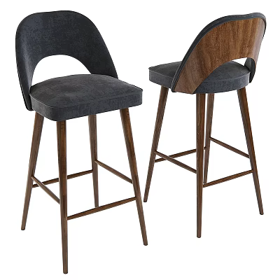 Modern Bar Stools With Curved Backrest Gray Upholstery And Wooden Legs 3d model