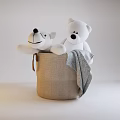 Stuffed Toys White Teddy Bear and Dog Plush in a Woven Basket with Gray Blanket