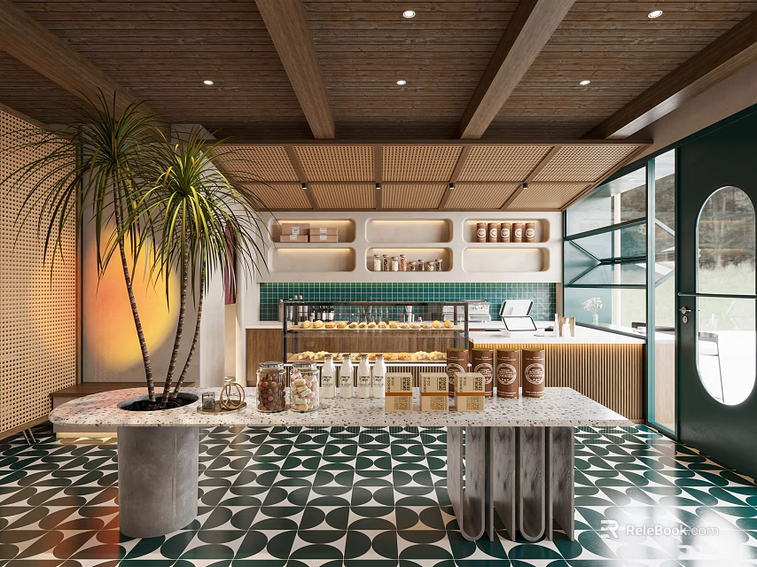 Dessert Shop With Wooden Ceiling Palm Tree Geometric Patterned Floor Tiles Marble Bar And Jars 3d model 