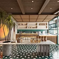 Dessert Shop With Wooden Ceiling Palm Tree Geometric Patterned Floor Tiles Marble Bar And Jars