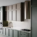 Modern Green Kitchen Interior With Marble Countertop Island Range Hood And Cabinets