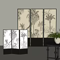 Black Frame Room Divider With Tropical Plant Patterns For Interior Decoration 3d model