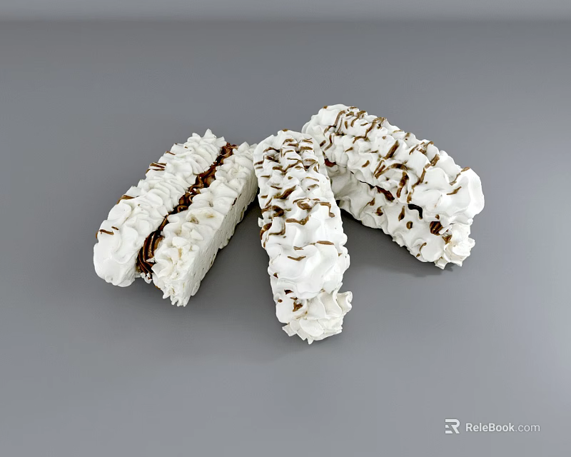 Long Shaped Desserts With White Cream Icing And Brown Filling Topped With Brown Crumbs 3d model 