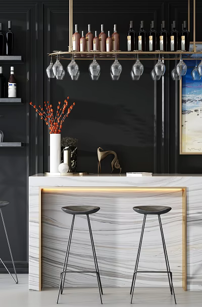 Elegant Bar Counter With Black Wall Wine Rack Hanging Glasses Bar Stools And Marble Top 3d model