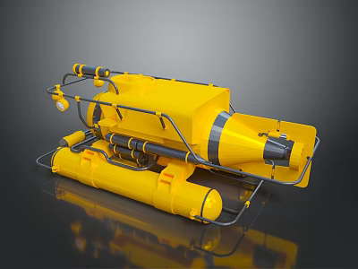 Yellow Underwater Submersible Equipment With Cylindrical Tanks Pipes And Conical Front 3d model