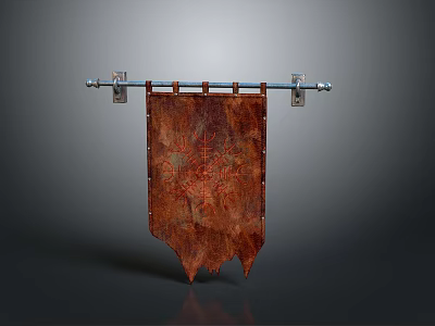 Medieval Brown Banner With Intricate Red Pattern Mounted On Metal Rod 3d model