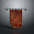 Medieval Brown Banner With Intricate Red Pattern Mounted On Metal Rod