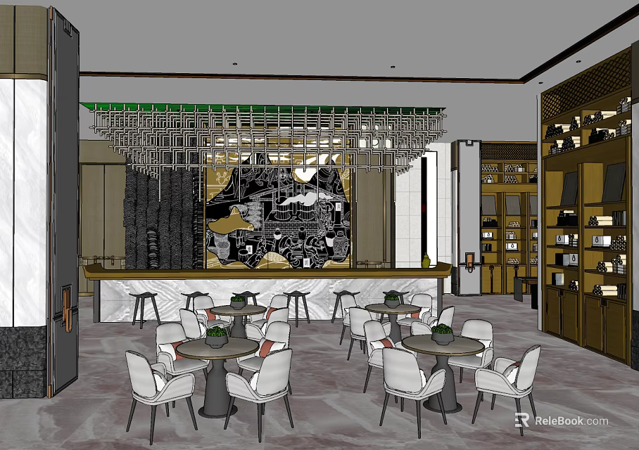 Elegant Hotel Lobby Interior With Modern Seating Bar Counter And Decorative Mural 3d model 
