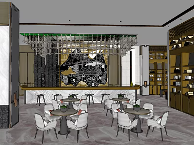 Elegant Hotel Lobby Interior With Modern Seating Bar Counter And Decorative Mural 3d model