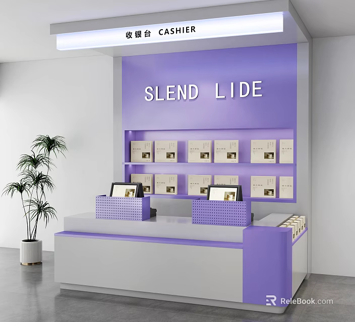 Modern Purple Cashier Counter With Product Shelves And Potted Plant 3d model 