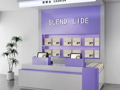 Modern Purple Cashier Counter With Product Shelves And Potted Plant 3d model